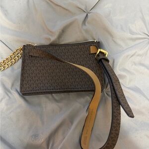 Michael Kors Dark Brown Monogram Pouch with Gold Chain